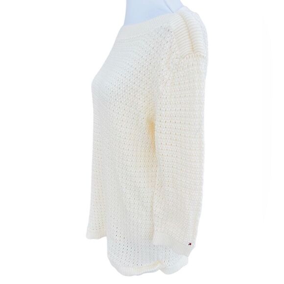 Tommy Hilfiger Ivory Open Knit Cotton 3/4 sleeve boat neck sweater size L. - Picture 4 of 7